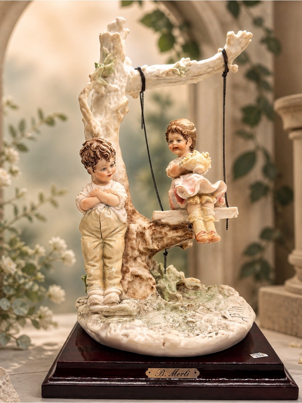 B. Merli Florence Boy Girl Swing Figurine Porcelain Capodimonte Style
